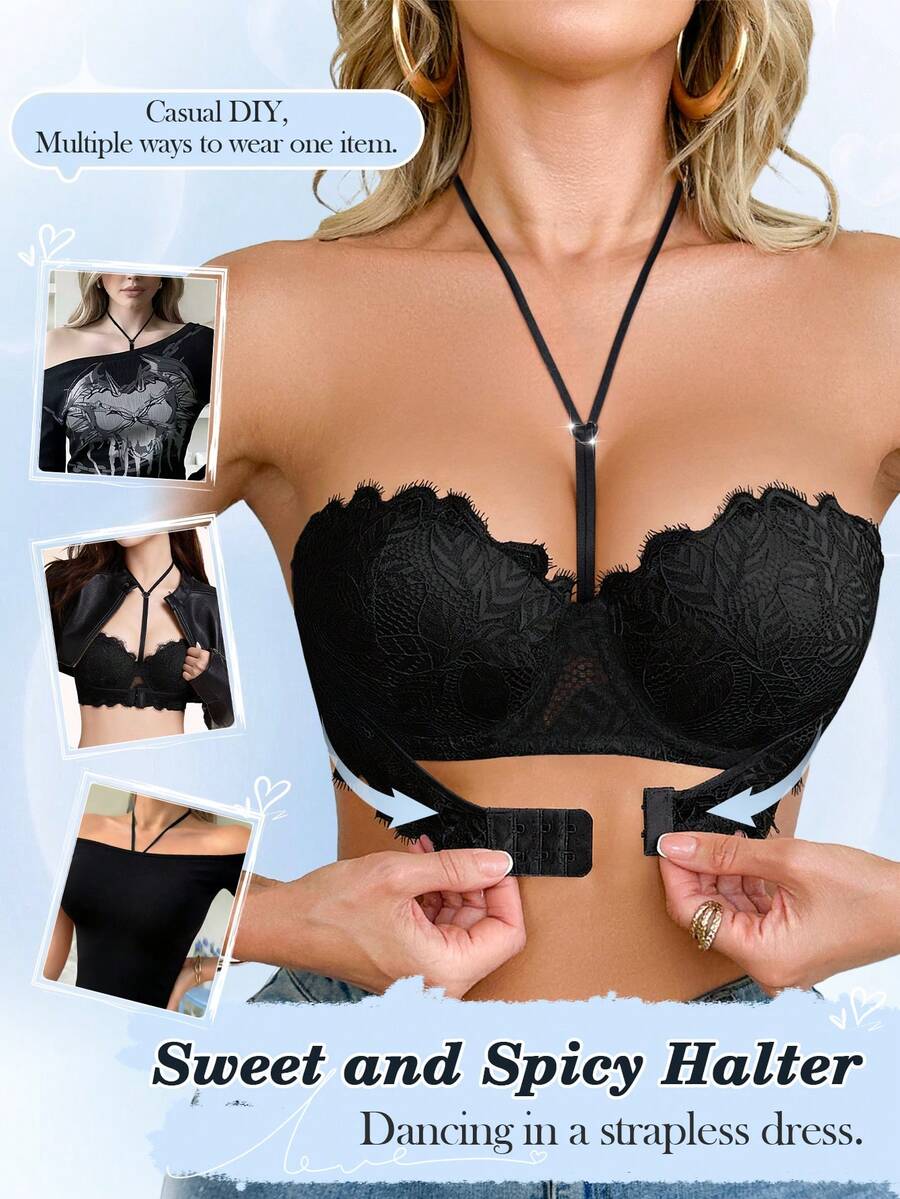 1件装女士钢圈蕾丝前扣支撑文胸 - 黑色 - 查看 1