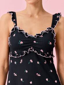 Bonmuse Floral Print Lettuce Trim Ruffle Hem Cami Pajama Nightdress PerfectSummerfor Summer - Black - View 7