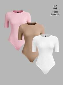 SHEIN BASICS 3pcs Set Casual Solid Color Knit Round Neck Short Sleeve Bodysuit For Women/Summer Plain Bodysuit Ribbed Knit Bodysuit Bodysuits For Women Basics - Multicolor - View 4