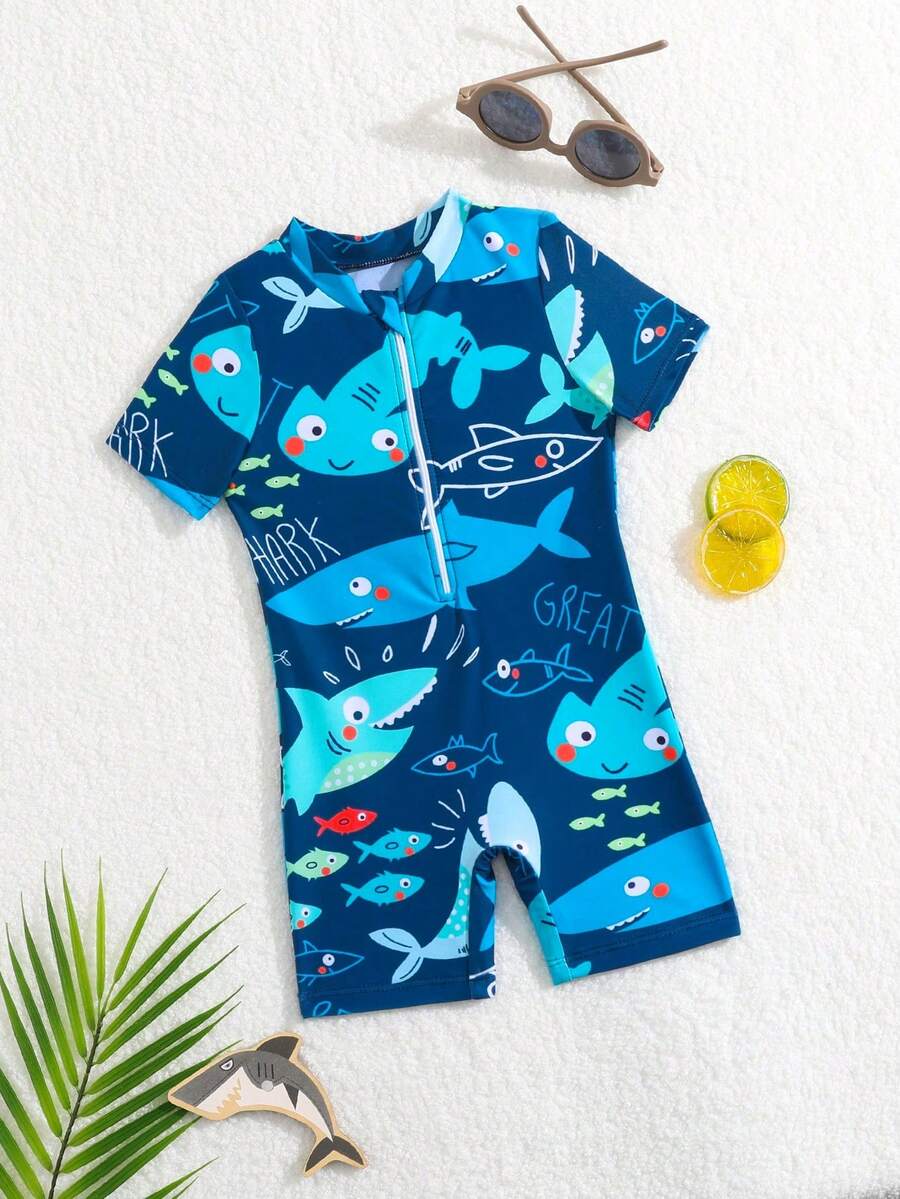 Baby Boy Cartoon Shark Printed Summer Half Zip One-Piece Swimsuit  Getaway,Holiday,Travel,Relax,Summer,Holiday - Multicolor - View 1