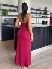 leahseptember Vestido Sólido Tricotado Sem Costas para Mulheres - Vinho - Visão 5