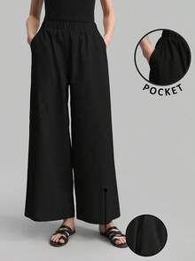Ontre Petite PETITE 2026SS Linen Blend Women's Wide Leg Pants, Summer Loose Fit Black Casual Trousers, Office Wear, Business Casual, Retro, Urban Minimalist, Woven Fabric, Versatile, Elegant, Suitable For Small Stature, Daily, Beach, Music Festival, Graduation - Black - View 2