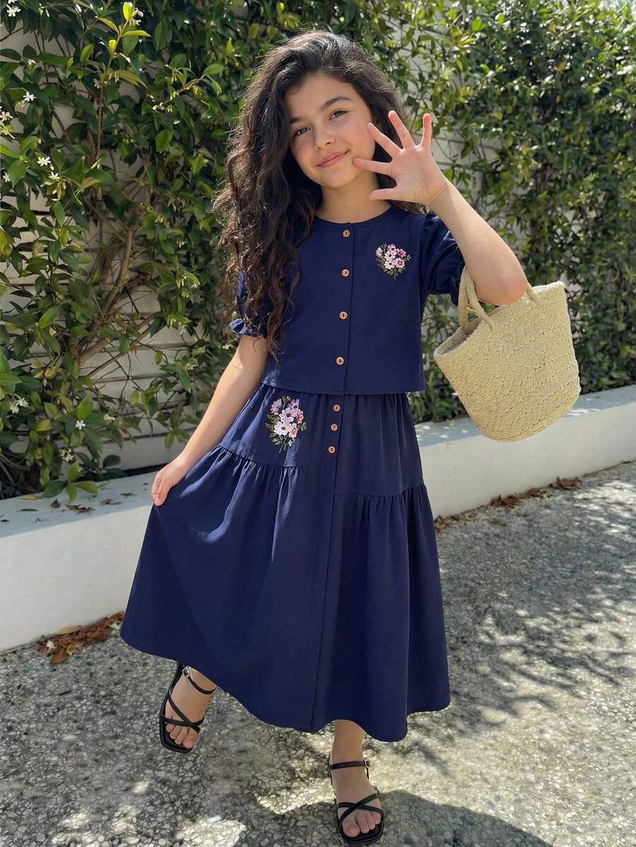 2pcs/Set Tween Girls' Print Puff Sleeve Shirt & Asymmetric Button Skirt, Comfortable Spring/Summer Holiday Outfit - Navy Blue - View 1