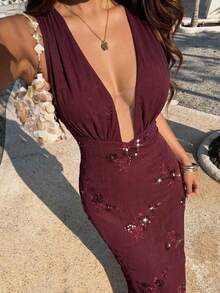 Lumalex Đầm ôm sát hở lưng, thắt eo, chất liệu lưới xếp ly mềm mại, đính sequin dành cho nữ. - Màu đỏ tím - Xem 14