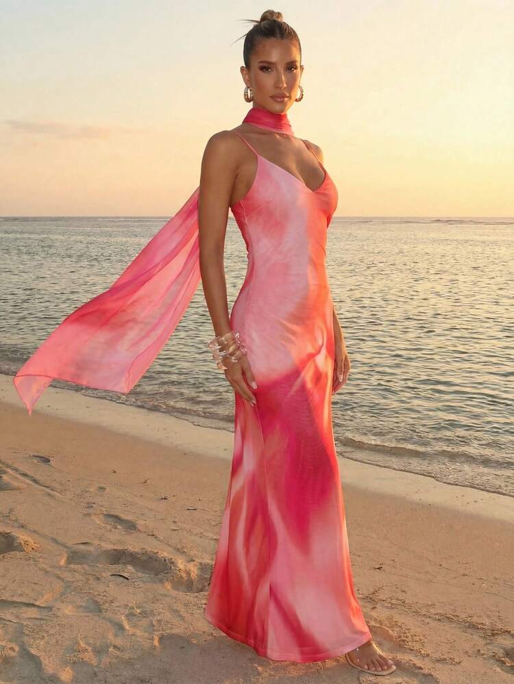 pink dress holiday Lumalex Sunset Mirage Ombre Mesh Column Maxi Dress,Light Pink,Summer,Tropical,Vacation,Holiday,Spaghetti Straps Bodycon Halter Scarf Open-Back Party Dresses AC3