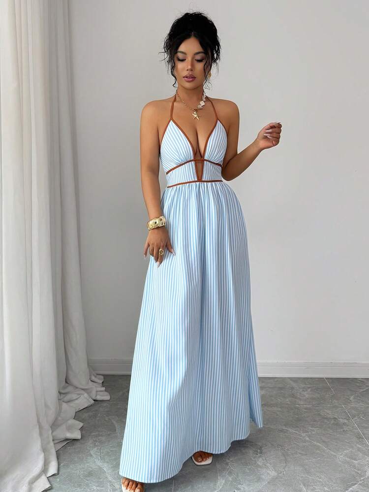Elenzga Tall Sexy Backless Halter Striped Dress For Summer Maxi Dress Summer Dress Dresses For Women Halter Neck Dress High Quality Dress Beach Graduation Birthday Dress For Women - Blue - View 4