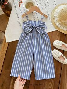 Cozy Pixies Bộ áo liền quần hai dây kẻ sọc cho bé gái, thoải mái và đa năng. - Màu xanh lam - Xem 4