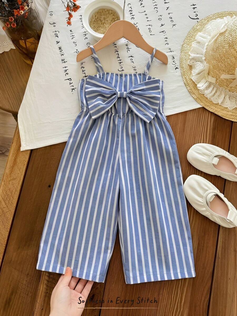 Cozy Pixies 女婴条纹束腰吊带连体衣,舒适百搭 - 藍色 - 查看 1