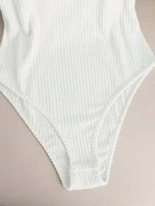 SHEIN Franclia Elegant Women's Bodysuit, Casual Romper, Round Neck Bodysuit, Daily Wear Short Sleeve Bodysuit Bodysuits For Women Ribbed Bodysuit White Bodysuit - White - View 4