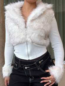 LHSEPT 秋冬时尚街头风格白色仿皮草拉链长袖女夹克 - 白色 - 查看 4