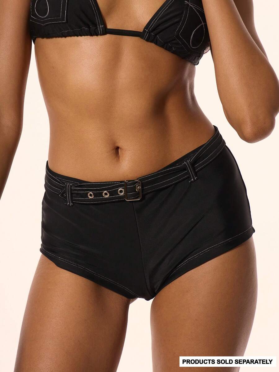 MUSERA 白色腰带撞色缝线口袋细节修身比基尼迷你短裤套装（仅下装）可爱春夏度假场合伊比沙岛优雅柠檬水 - 黑色 - 查看 1