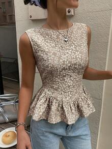 Serisse Áo không tay nữ chất liệu jacquard phối bèo nhún, thích hợp cho mùa hè. - Cà phê nâu - Xem 4