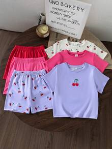 Genkimix Kids Bộ 3 món áo thun ngắn tay và quần short dáng rộng in hình quả anh đào nhỏ xinh cho bé gái, thích hợp mặc mùa hè. - Nhiều màu - Xem 3