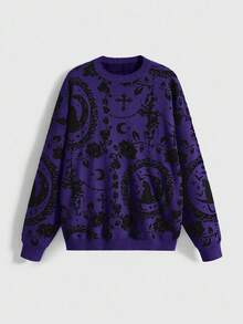 ROMWE Áo len chui đầu cỡ lớn in hình mèo đen bí ẩn, họa tiết cung điện Gothic và dây chuyền mặt trăng, màu xám đậm, dành cho nữ, thích hợp mặc trong dịp Giáng sinh. - Màu tím - Xem 5