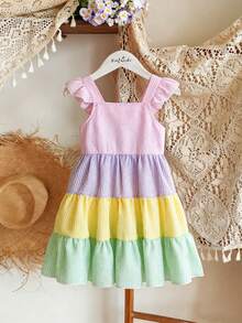 Vintaside Kids Kleine Mädchen Buntes gestreiftes ärmelloses Kleid, gewebter bunter Stoff, Puffärmel, tailliert, Saum mit Einsätzen, weiches & bequemes Material, süß & lässig, geeignet für Schule, Ausflüge, Urlaub, Partys, Frühling & Sommer - Verschiedenfarbig - Übersicht 8