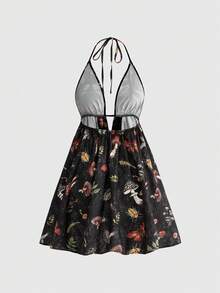 ROMWE Goth Summer Vacation Mushroom Moth Plant All-Over Print Halter Backless Mini Dress - Black - View 2