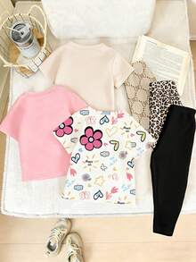 Elladie kids Bộ 6 món cho bé gái, kiểu dáng thường ngày, thời trang, sáng tạo, tươi mới, dễ thương với họa tiết kẻ caro, nơ, da báo, hoa, lấp lánh, trái tim, hoa, sao, bướm, mặt trời, gồm áo thun ngắn và quần legging, thoải mái khi mặc hàng ngày, phong cách mùa hè và mùa thu ấm áp, phù hợp cho mùa xuân, hè và thu. - Nhiều màu - Xem 2