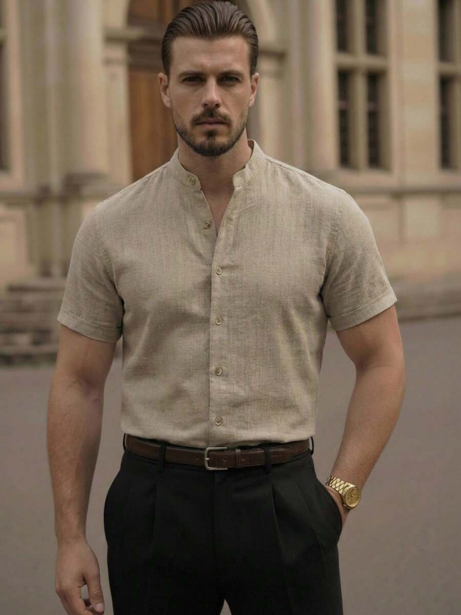 HIMLAND 男士休闲纯色基础款纽扣短袖衬衫