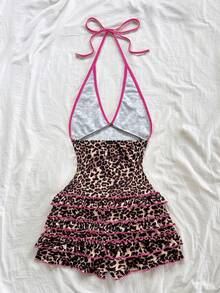 Soleia Bộ jumpsuit cỡ lớn in họa tiết da báo cổ điển màu đỏ, cổ chữ V buộc dây, viền bèo nhún, thích hợp cho kỳ nghỉ, lễ hội âm nhạc, trang phục mùa hè phong cách bohemian. - Màu Hồng Tươi - Xem 2