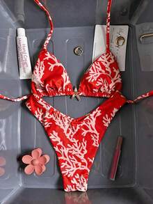 Swim Mod Bộ bikini nữ in họa tiết ngẫu nhiên, kiểu cổ yếm, đính trang sức kim loại, thích hợp cho mùa xuân/hè. - Nhiều màu - Xem 2