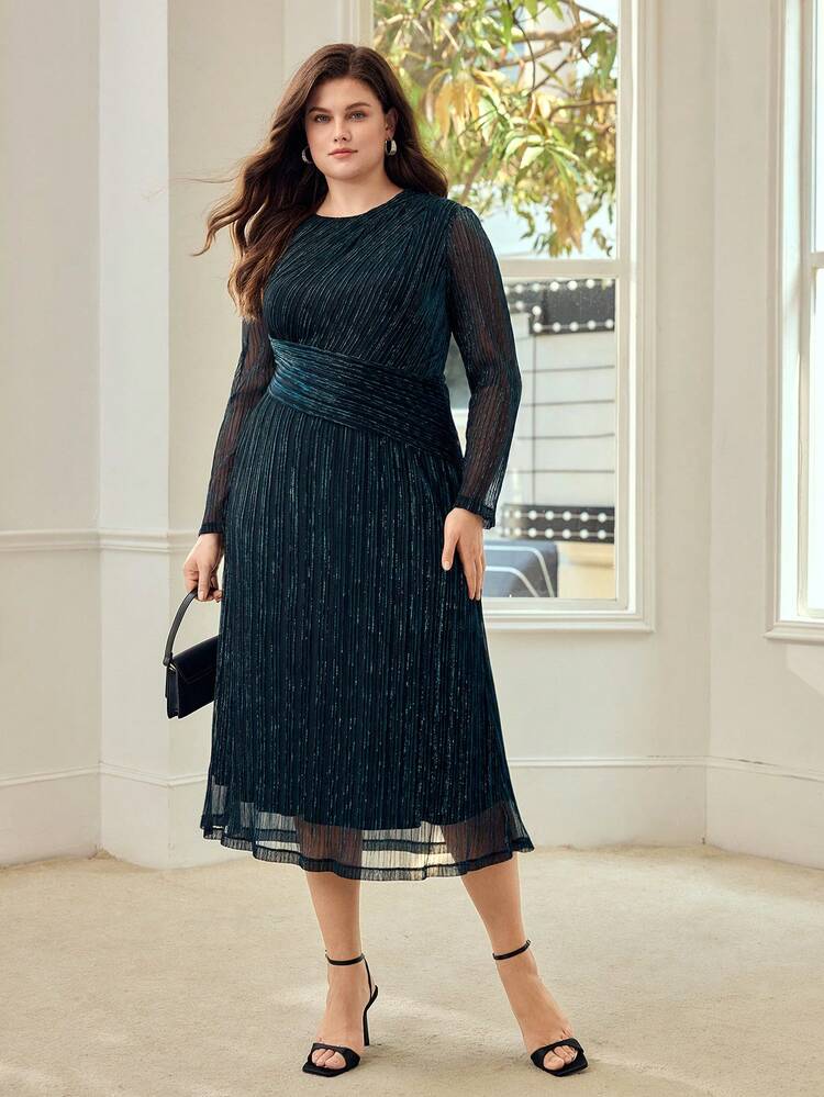 PLUS PLEATED METALLIC MESH ROUND NECK LONG SLEEVE DRESS, SUITABLE FOR AUTUMN/WINTER PARTY & DATE