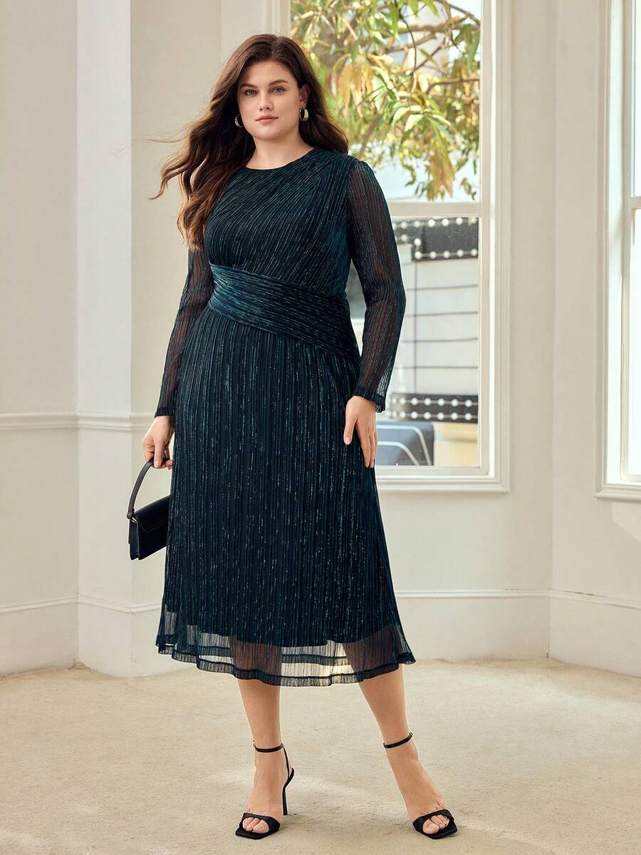 PREMIUM PLUS PLEATED METALLIC MESH ROUND NECK LONG SLEEVE DRESS, SUITABLE FOR AUTUMN/WINTER PARTY & DATE - Teal Blue - View 2