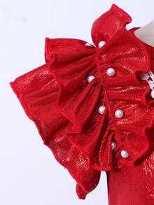 Elladie kids 1件女童春夏优雅甜美光泽质感珍珠装饰短袖A字连衣裙+珍珠斜挎包，适合节日派对和表演 - 紅色 - 查看 5