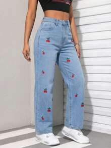 Mezclilla pantalon para mujer,rigido con cereza bordado,hermoso,comodidad. - Azul - Ver 3