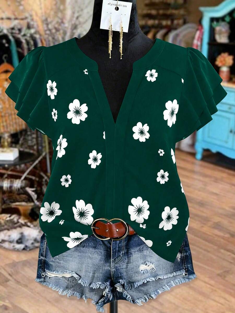 SHEIN JORESS Elegant French Floral Print V-Neck Linen Blend Ruffle Sleeve Blouse, Suitable For Commute, Casual, Vacation, Plus Size - Dark Green - View 1