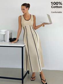 Siren Gaze 女士撞色滚边收腰无袖连衣裙，亚麻休闲收腰喇叭连衣裙，100%纯棉夏季连衣裙 - 杏色 - 查看 3