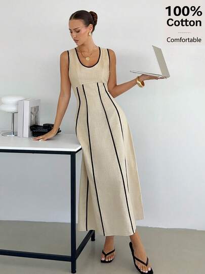 Siren Gaze Women's Contrast Trim Cinched Waist Sleeveless Dress, Linen Casual Waist Cinched Flare Dress, 100% Cotton Summer Dress