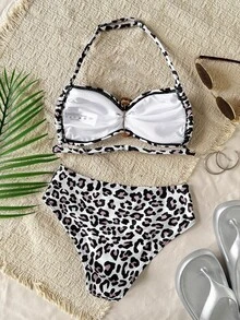 SHEIN Tween Girl Summer Beach Leopard Print Halter Tie Bikini And Triangle Panty Swimsuit Set - Multicolor - View 2