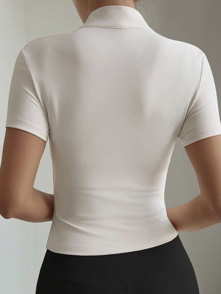 Women's Solid Color Zip Collar Fitted Casual Short Sleeve T-Shirt