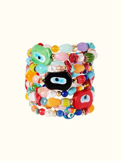 Popjeli 1pc Handmade Bohemian Colorful Glass Beaded Bracelet For Women, Summer Beach Travel Boho Jewelry, Evil Eye Design (Color And Shape Vary)