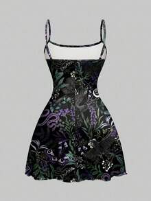 ROMWE Goth Vestido mini con estampado total de serpiente, águila, polilla, mariposa, plantas y bosque en colores morado, azul y negro para Halloween, con un toque misterioso y oscuro - Negro - Ver 2