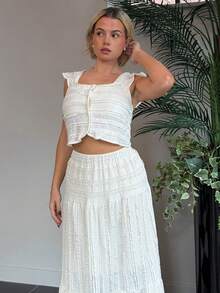 Bethéva 女士浪漫优雅方领短袖上衣半裙套装，夏季 - 杏色 - 查看 6