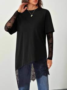 SHEIN Tall 这款连衣裙采用蕾丝袖和下摆设计，非常适合冬季或圣诞节聚会叠穿。宽松的版型搭配优雅的蕾丝细节，使这款女式连衣裙能够轻松从日常穿着过渡到晚宴或新年装扮。 - 黑色 - 查看 6