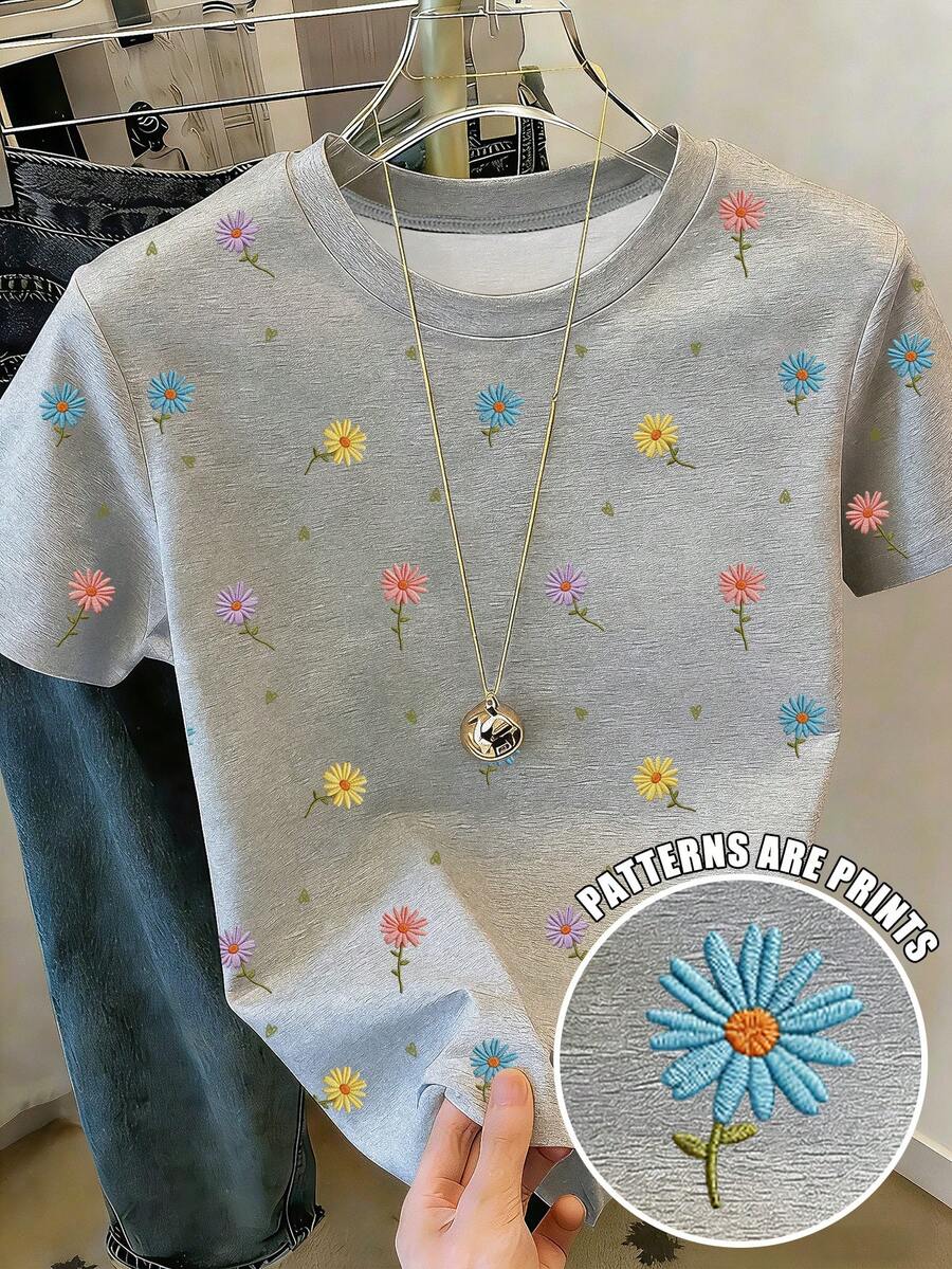 Resyla Kaos Lengan Pendek Motif Bunga, Kaos Musim Panas, Atasan Wanita yang Menyegarkan, Kaos Estetik - MultiWarna - View 1