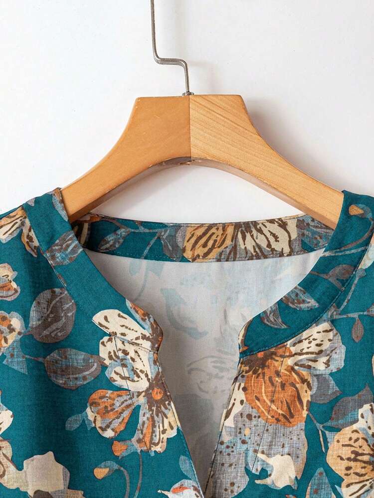 2 Pieces Set Plus Size Women's Floral Print Long Sleeve Shirt And Blue Color Pants Set, Casual Country Style For Vacation, Autumn,Going Out Tops,Fall Women Clothes Country Outfit,Fall Clothes For Women,Vintage,Going Out Outfits, New Clothes,Flower/Spring/Summer