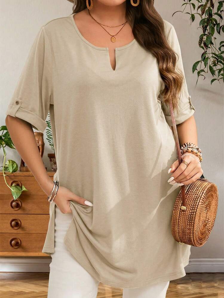 Plus Size Women's Summer Casual Vacation Country Solid Color Short Sleeve Long Khaki T-Shirt,Plus Size Women's Summer Casual Vacation Country Top,Summer Holiday,Spring Break,Vacation,Holiday,Going Out,2026 New,Simple And Fashionable For Everyday Wear, Suitable For Summer, Vacation,Daily Wear,Gifts For Mother