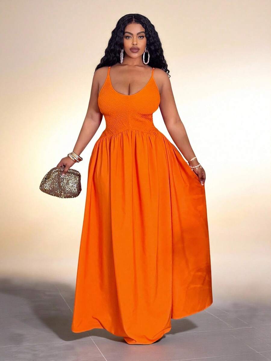 Slaydiva 2026春夏优雅通勤休闲装，生日派对、毕业典礼、学生装、日常外出、百搭单品、休闲度假、邮轮旅行、海滩、日光浴、潮流单品、商务休闲、简约休闲风，适合海滩和夏季穿着。女士无袖收腰A字中长连衣裙 - 橙色，Y2K风格连衣裙，女士长裙，Deeka Wow连衣裙