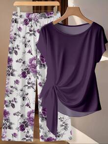 EMERY ROSE Women's Tie Bow Blouse And Straight Leg Pants 2 Pieces Set - Multicolor - View 4