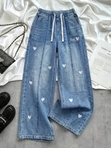 SHEIN 女童白色字母和爱心刺绣宽松蓝色牛仔裤 - 藍色 - 查看 3