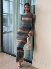 LHSEPT 女式新款秋冬百搭复古条纹针织紧身连衣裙，性感露背长袖修身长款针织连衣裙 - 紫色 - 查看 3