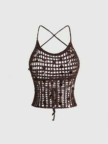 Y2K Top de punto sin espalda con cuello halter y diseño cruzado hueco, sexy, para mujeres - Marrón - Ver 1