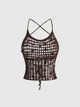 Y2K Top de punto sin espalda con cuello halter y diseño cruzado hueco, sexy, para mujeres