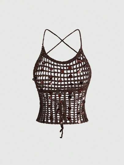 ROMWE Y2K Sexy Hollow Out Crisscross Backless Halter Neck Knitted Vest Top For Women