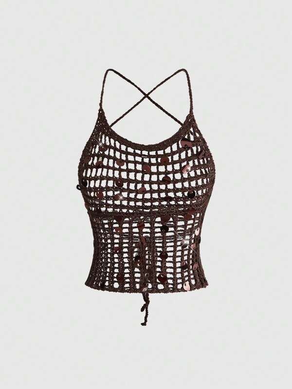 ROMWE Y2K Sexy Hollow Out Crisscross Backless Halter Neck Knitted Vest Top For Women