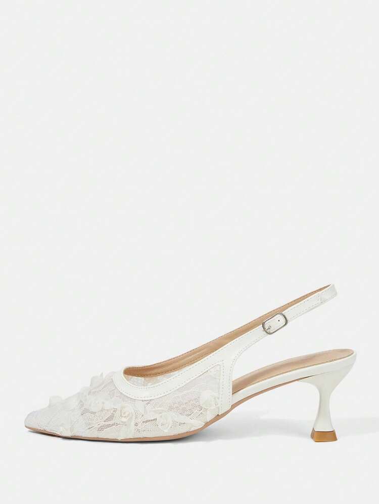 CUCCOO HITCHD Women Shoes Women's New White Lace Lace Slingback Shoes Pointed Thin Heel Temperament High Heels