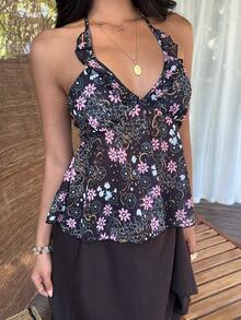 Sunnyshic Delicate Ditsy Floral Halter Neck Frill Trim V-Neck Backless Bow Tie Design Cute Women Tank Top - Multicolor - View 7